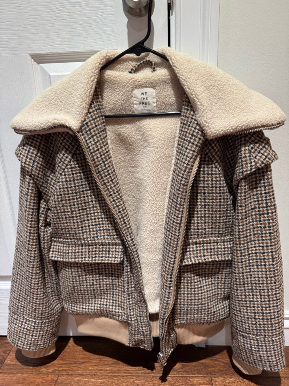 We The Free Brown & Cream Houndstooth Sherpa Bomber Jacket